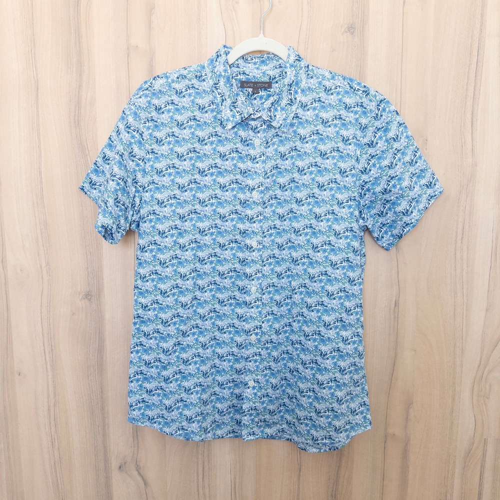 Slate & Stone Mens Floral Button Down Shirt Large Blue Short Sleeve Cotton